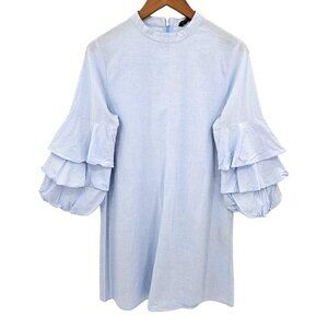 Zara Frilled Sleeve Dress Womens Sz L Sky Blue Striped Mini Boho Ruffles Shift